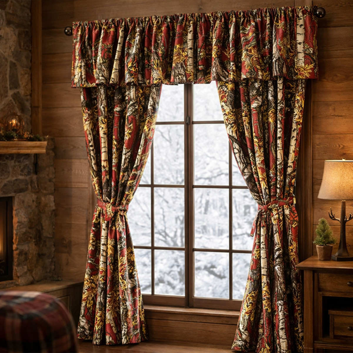 The Woods Burgundy Rod-Pocket Curtain Set – Birch Logs & Fall Leaves Decor