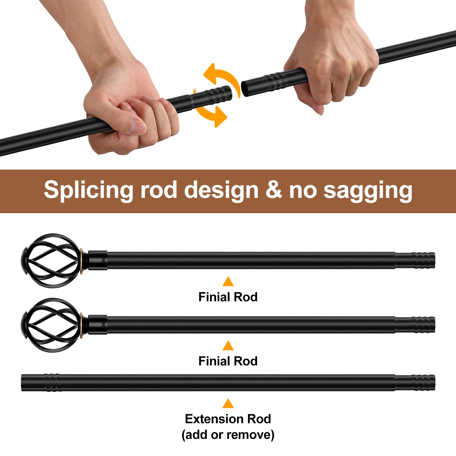 Black 5/8 Curtain Rod Set, 40-62 Inch, Twisted Cage Finials, Heavy Duty