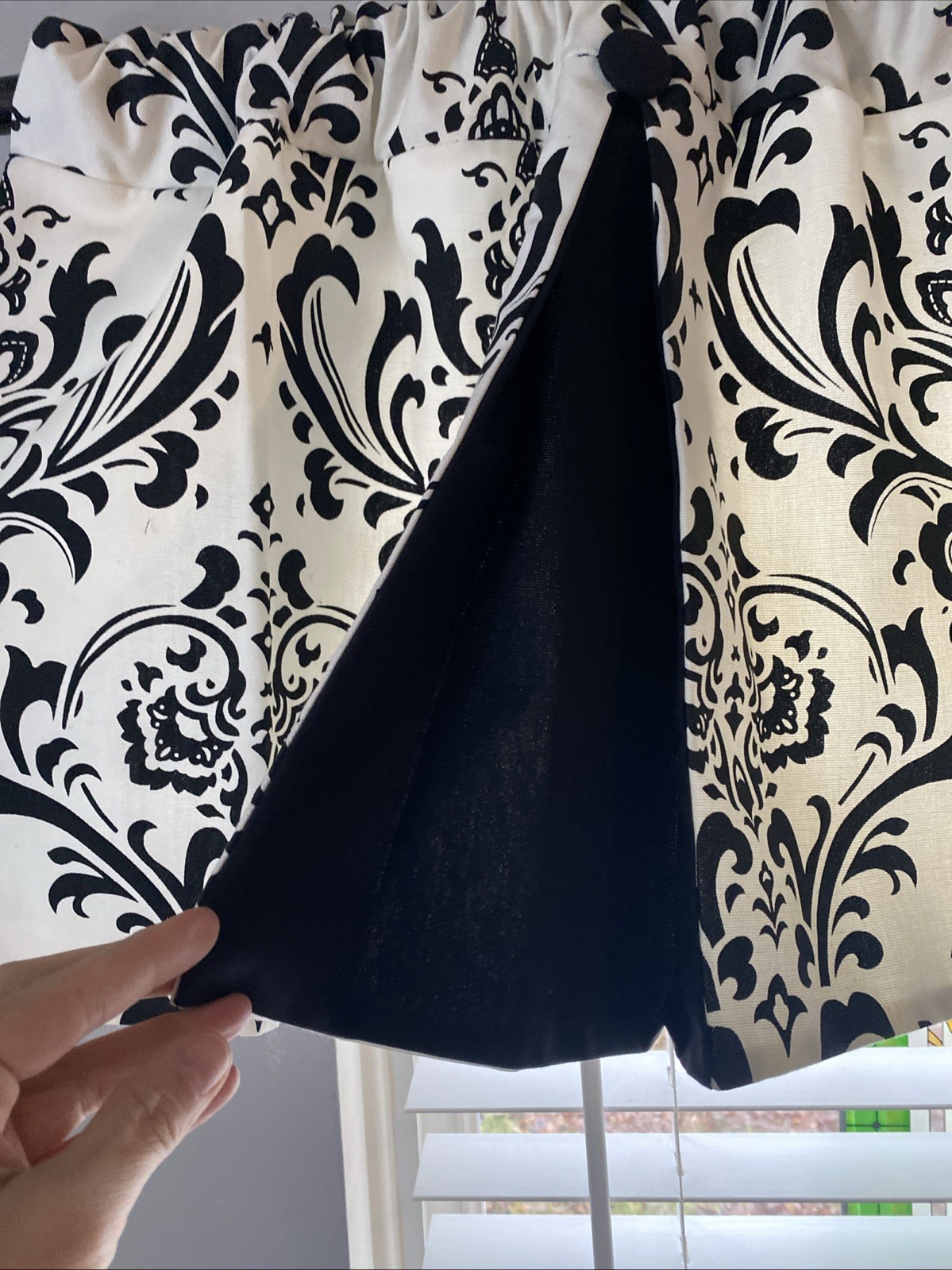 Black And White Damask Panel Pleated Button Top Curtain Valence NWOT Set Of 2