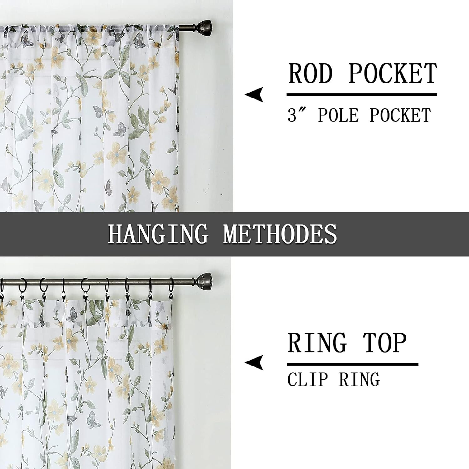 Sheer Floral Curtain Valance Yellow Flower Butterfly Printed Bedroom Curtain