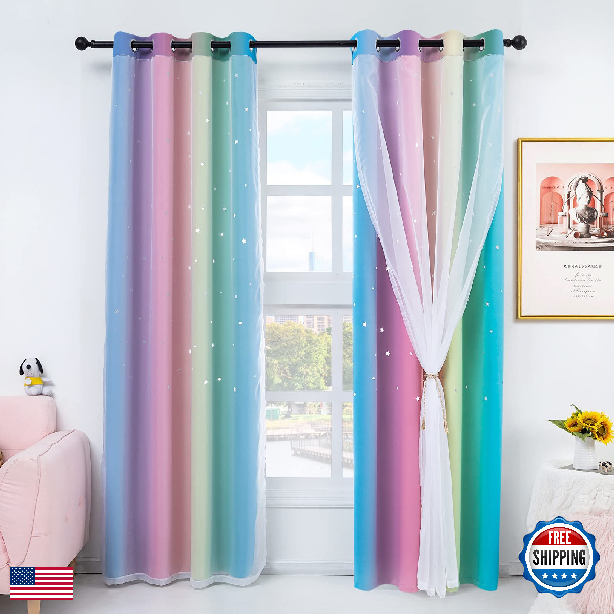 Stiio 2 Panels Girls Stars Rainbow Curtains W52Xl84 Inches For Bedroom Kids