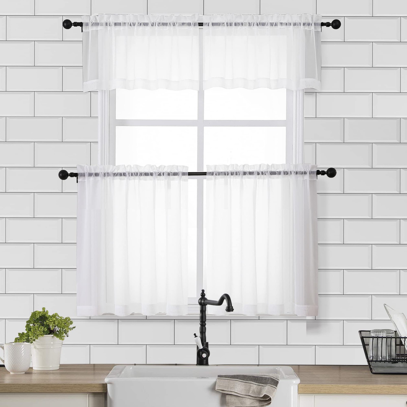 Sheer Valances for Windows 2 Pack, Small Window 42″W x 14″L (Pack of 2) White