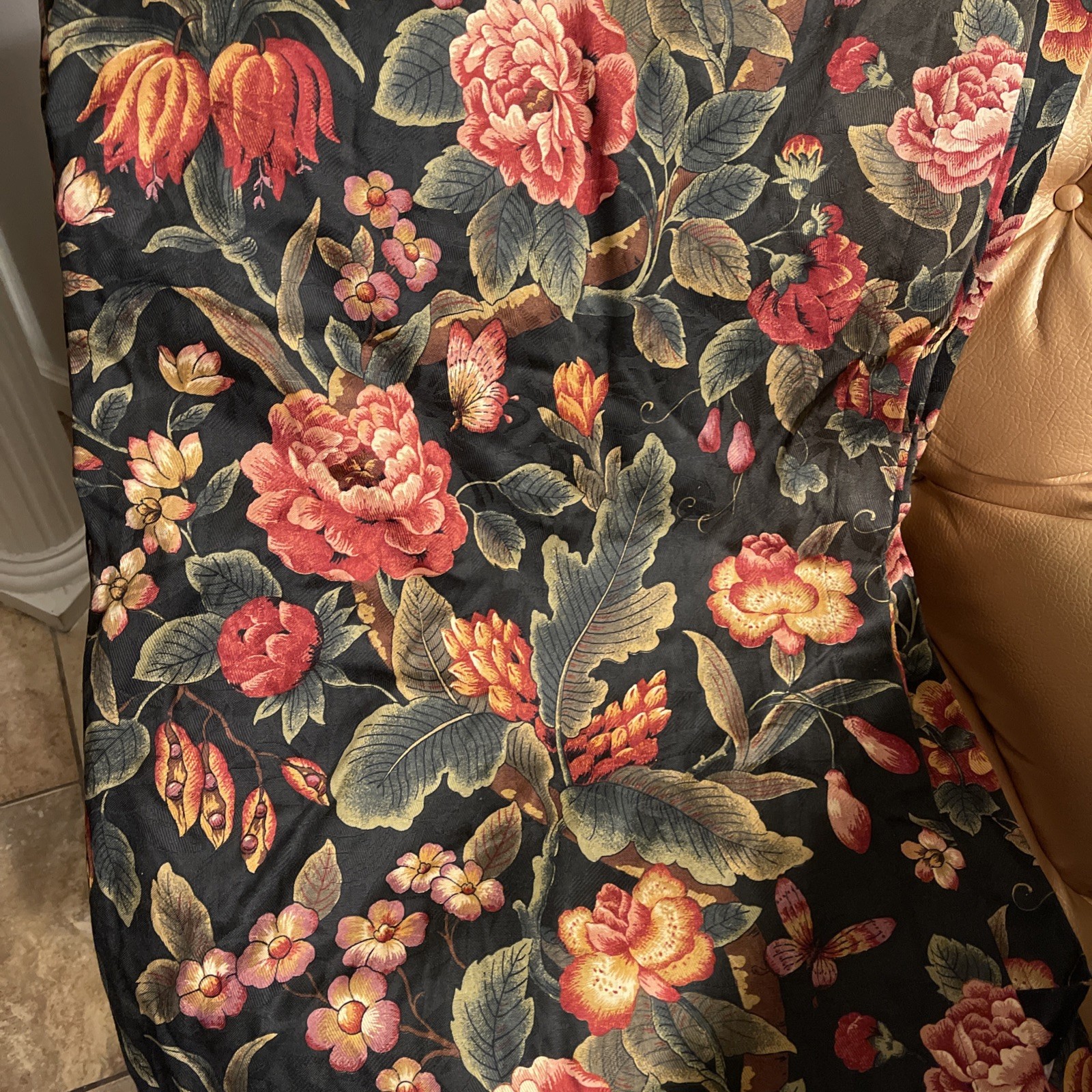 RAYMOND WAITES by mill creek Black Floral Jacobean 3 Pc Panel Pair W/Valance 84