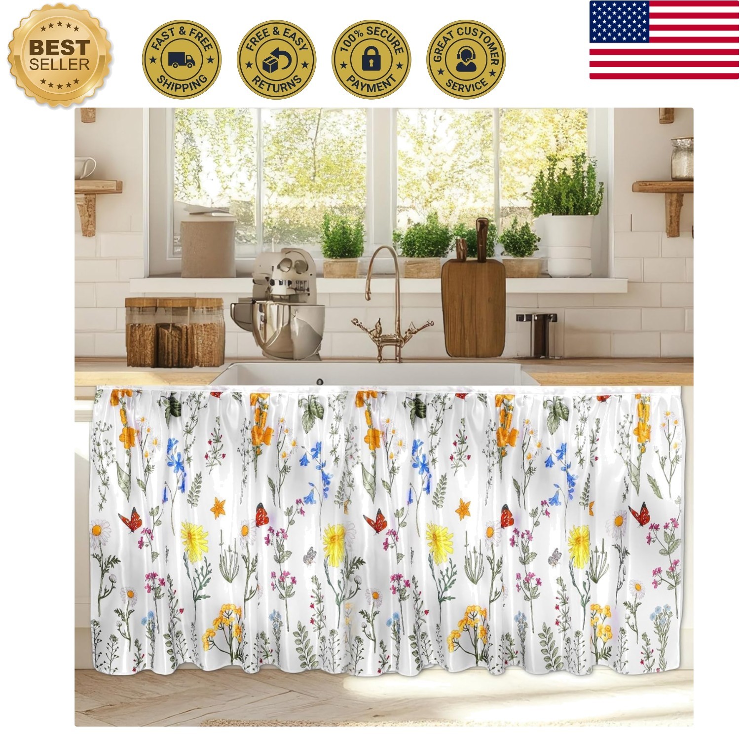 Chic 28 x 51 in Cabinet Curtain with Colorful Floral Design – Easy to Install