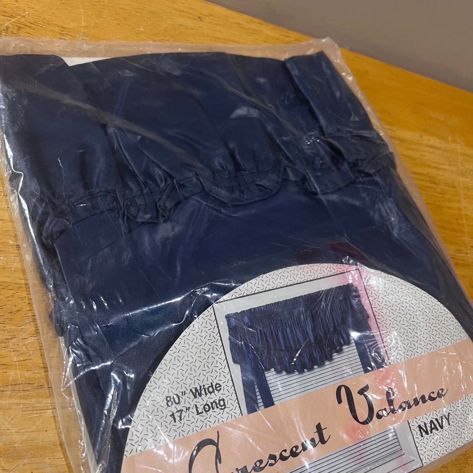 Vtg Crescent Valance Navy Blue Chintz Finish Ruffled Window Treatment 80×17 USA