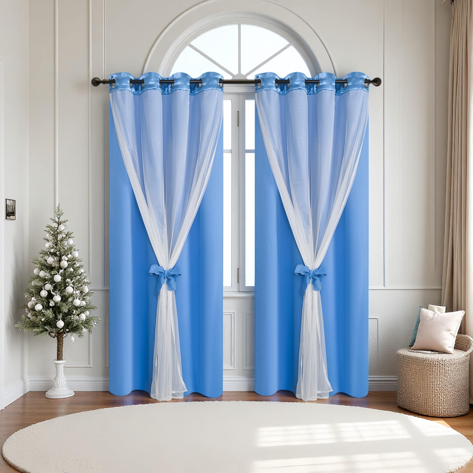 2 Panels Double Layered Curtains with White Sheer Tulle, Grommet Drapes