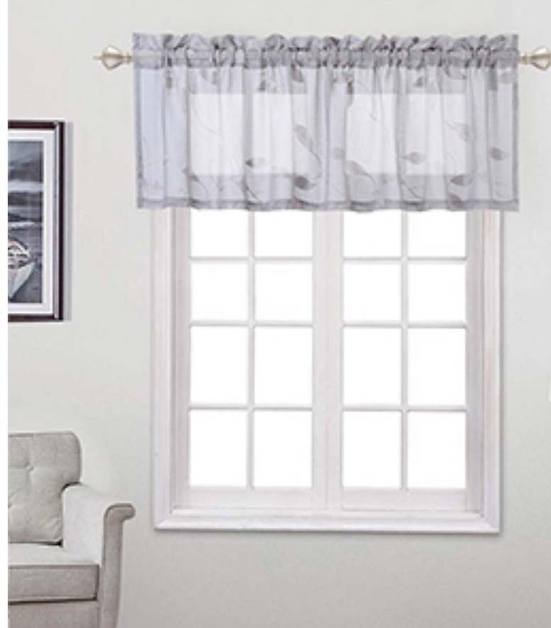 NEW Haperfare Gray Leaf Embroidery Sheer Valance 52″ x 15″