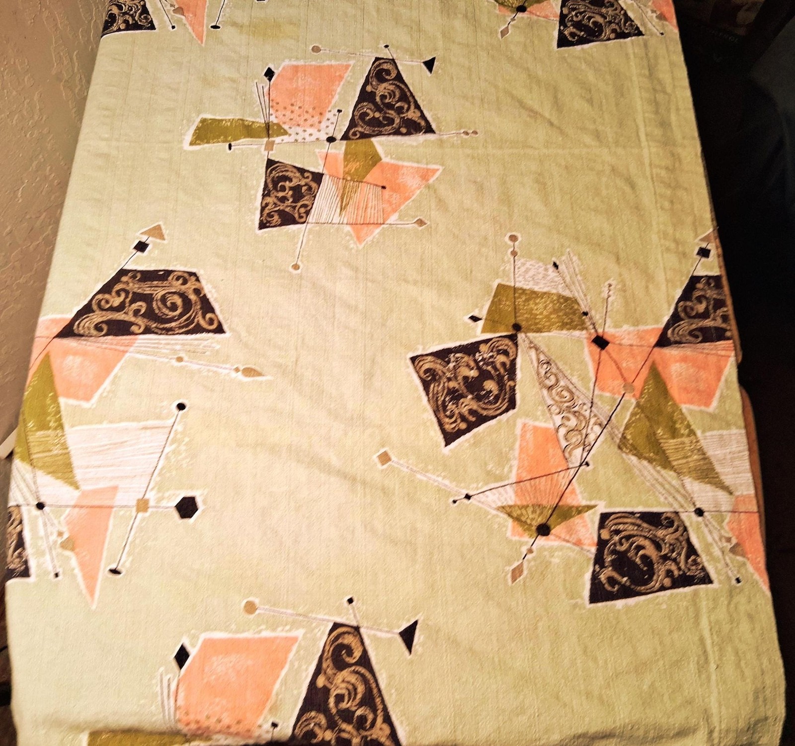 Vintage Atomic Mid Century Modern Curtain Drapery Panel Green Abstract Cotton