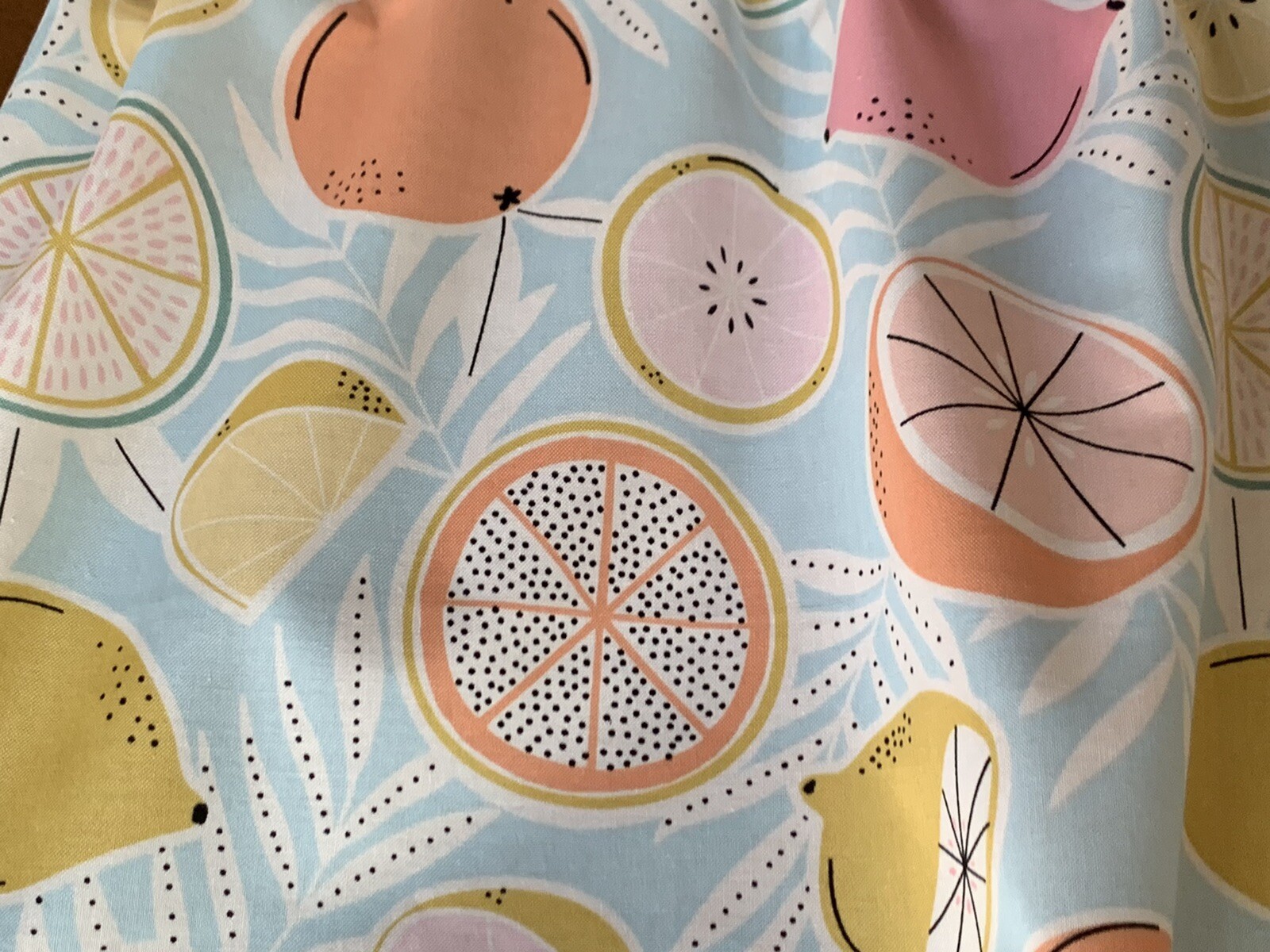 Modern, Contemporary Blue Kitchen Valance with Lemons, Grapefruit, Limes. New