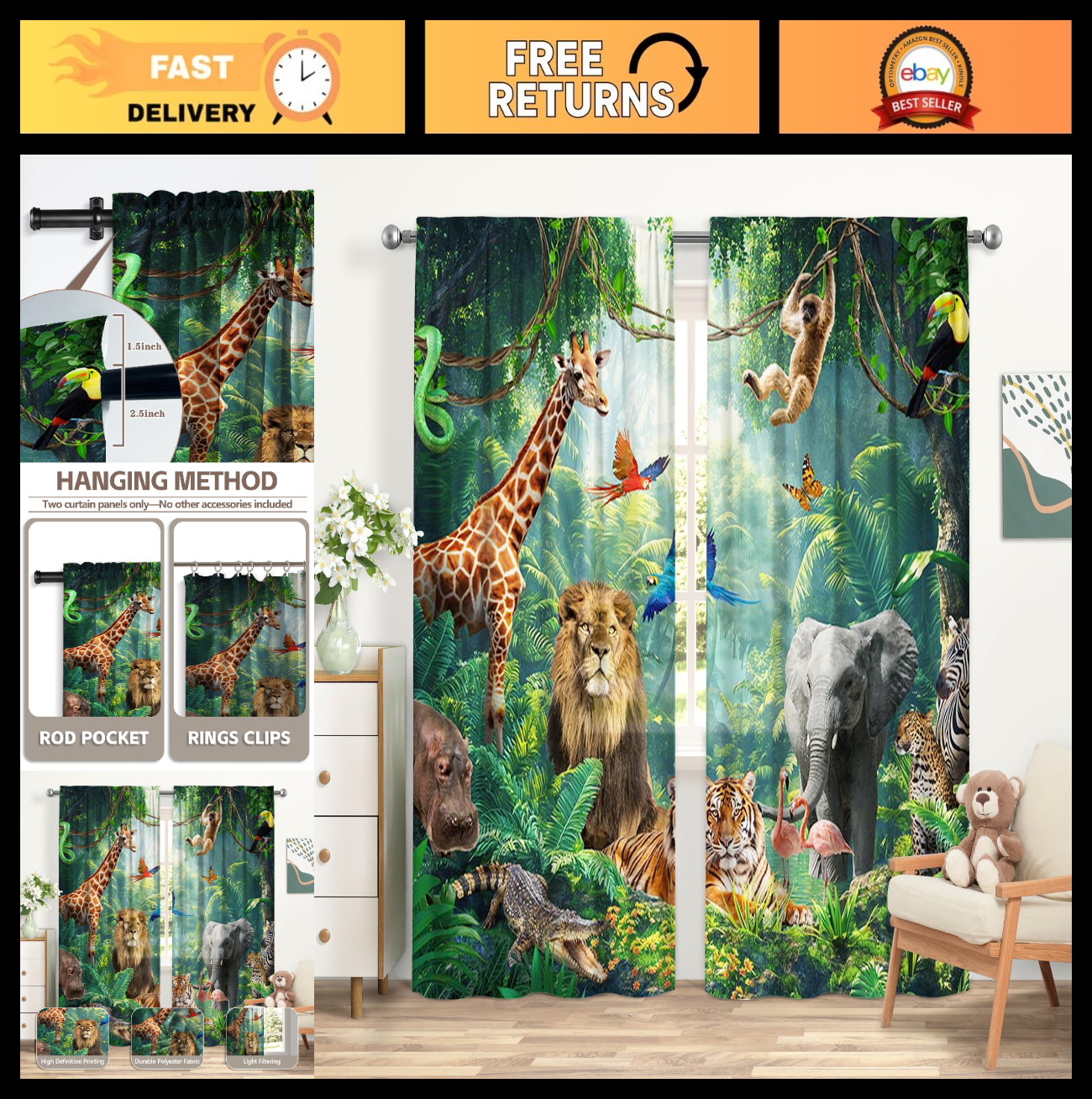 Rainforest Animals Window Curtains 52×85.5 Inch – Jungle Theme, Room Decor