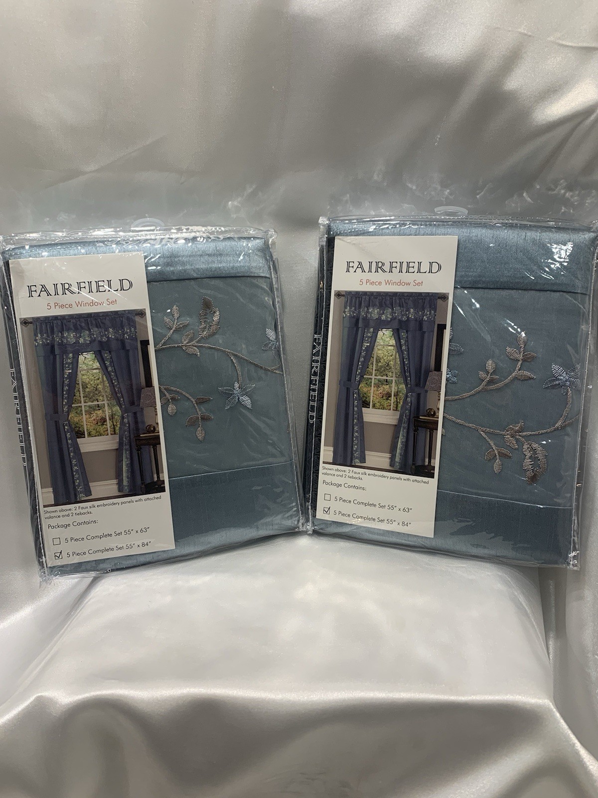 TWO SETS Fairfield Complete 5-Piece Embroidered Panel, Valance & Tieback Set