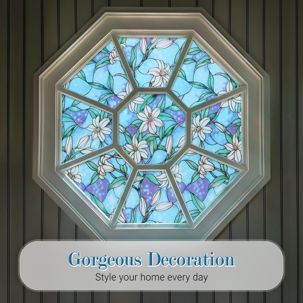 rabbitgoo Stained Glass Window Film Static Cling Blue Lily Decorative Film Door