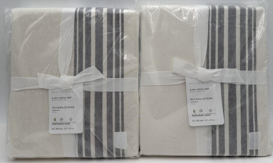 Pottery Barn Riviera Stripe Pole Top Cotton Lined Drape (2) 50 108 Charcoal Gray