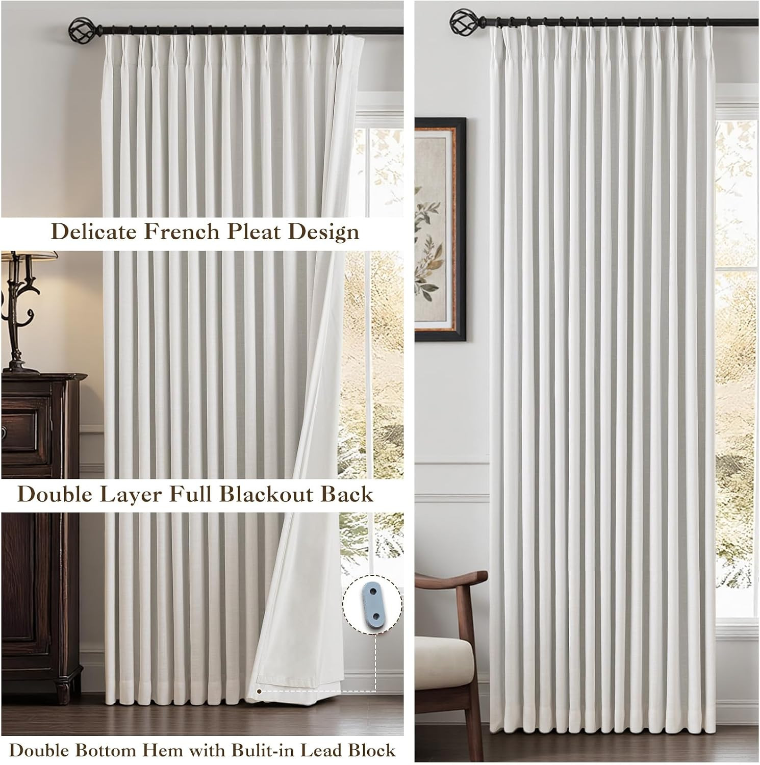 Pinch Pleated Rayon Blend Blackout Curtains for Bedroom – Ivory Full Black Out C