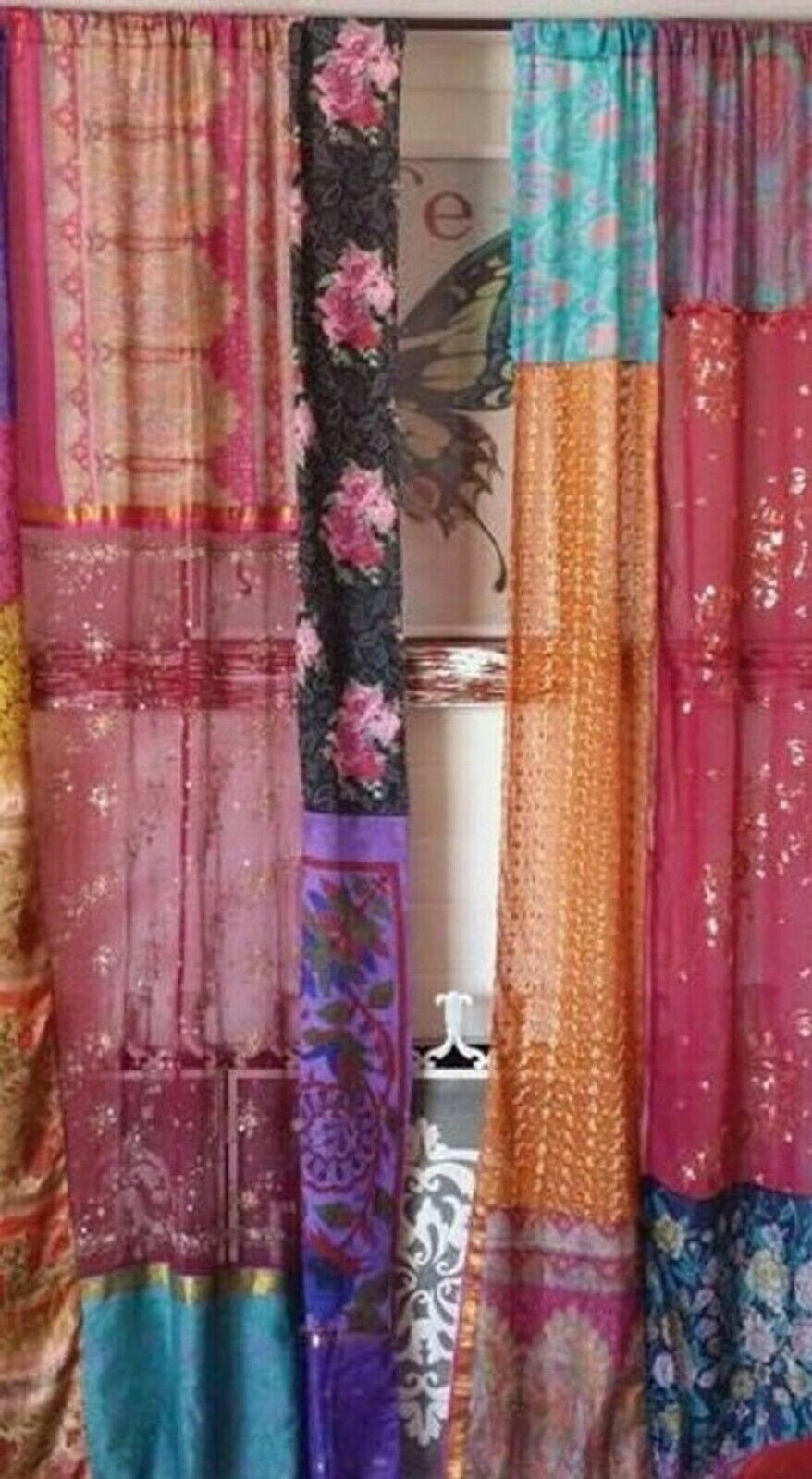 2 Pcs Indian Sari Patchwork Curtain Drape Window Decor Multi Silk Sari Curtain