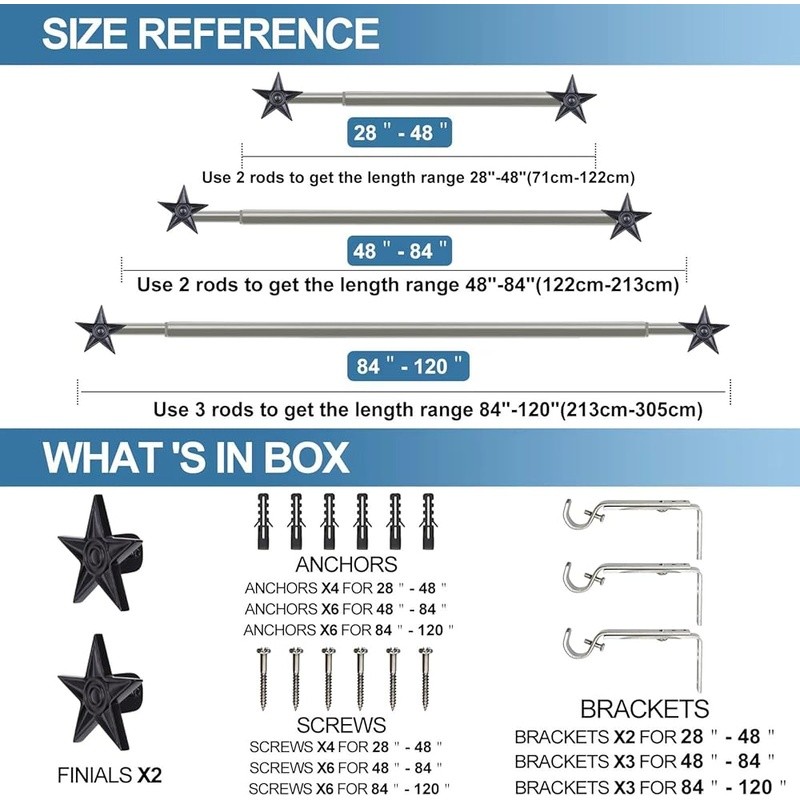 Adjustable Star Finial Curtain Rod Set Wall Mounted Alloy Steel 28″-120″ Length