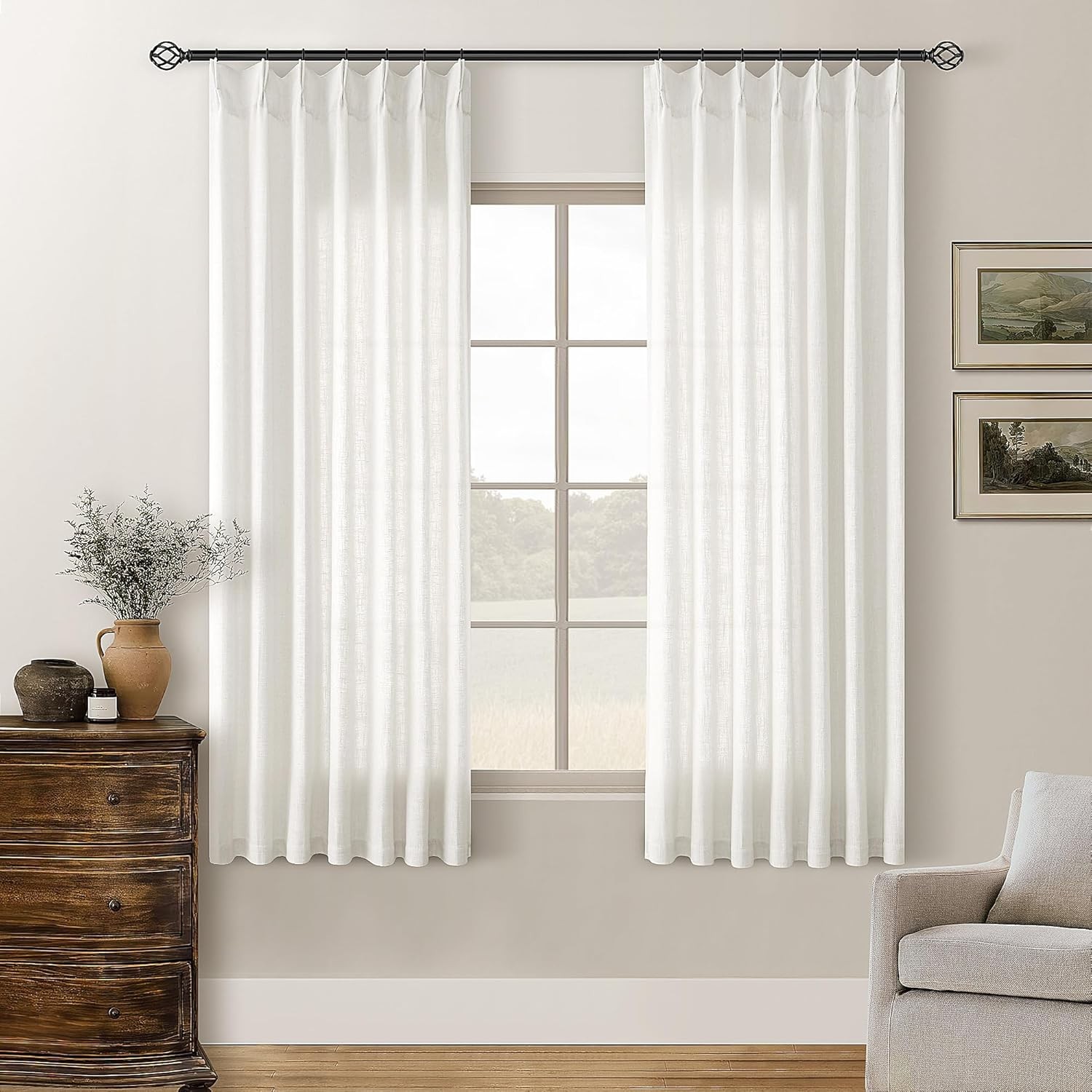 Pinch Pleated Linen Curtains 96 Inch Light Filtering Drapes 2 Panels Neutral