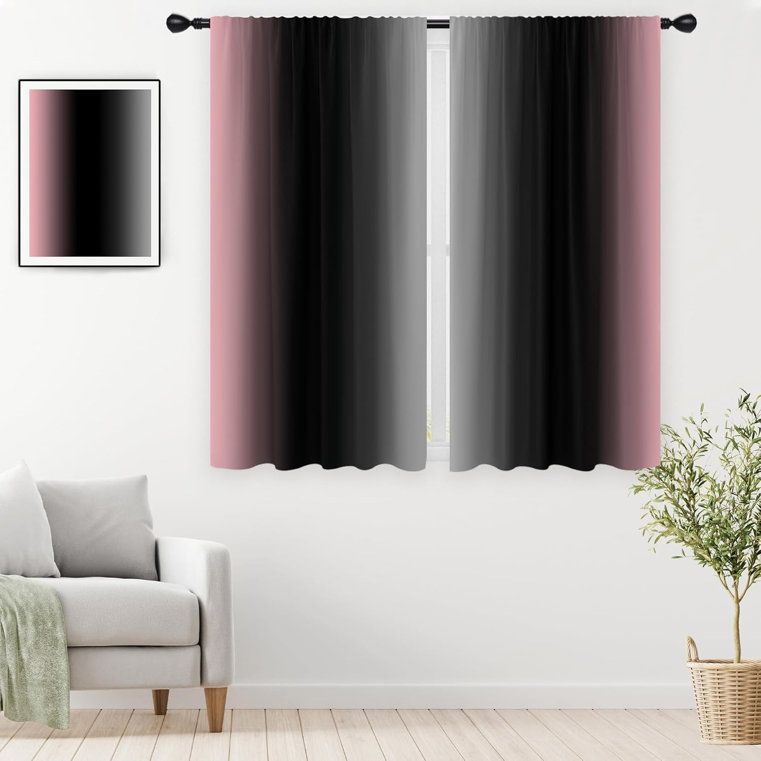 Pink Black Ombre Curtains 2 Panel Set, Grey Gradient Gothic Goth Dark Aesthetic