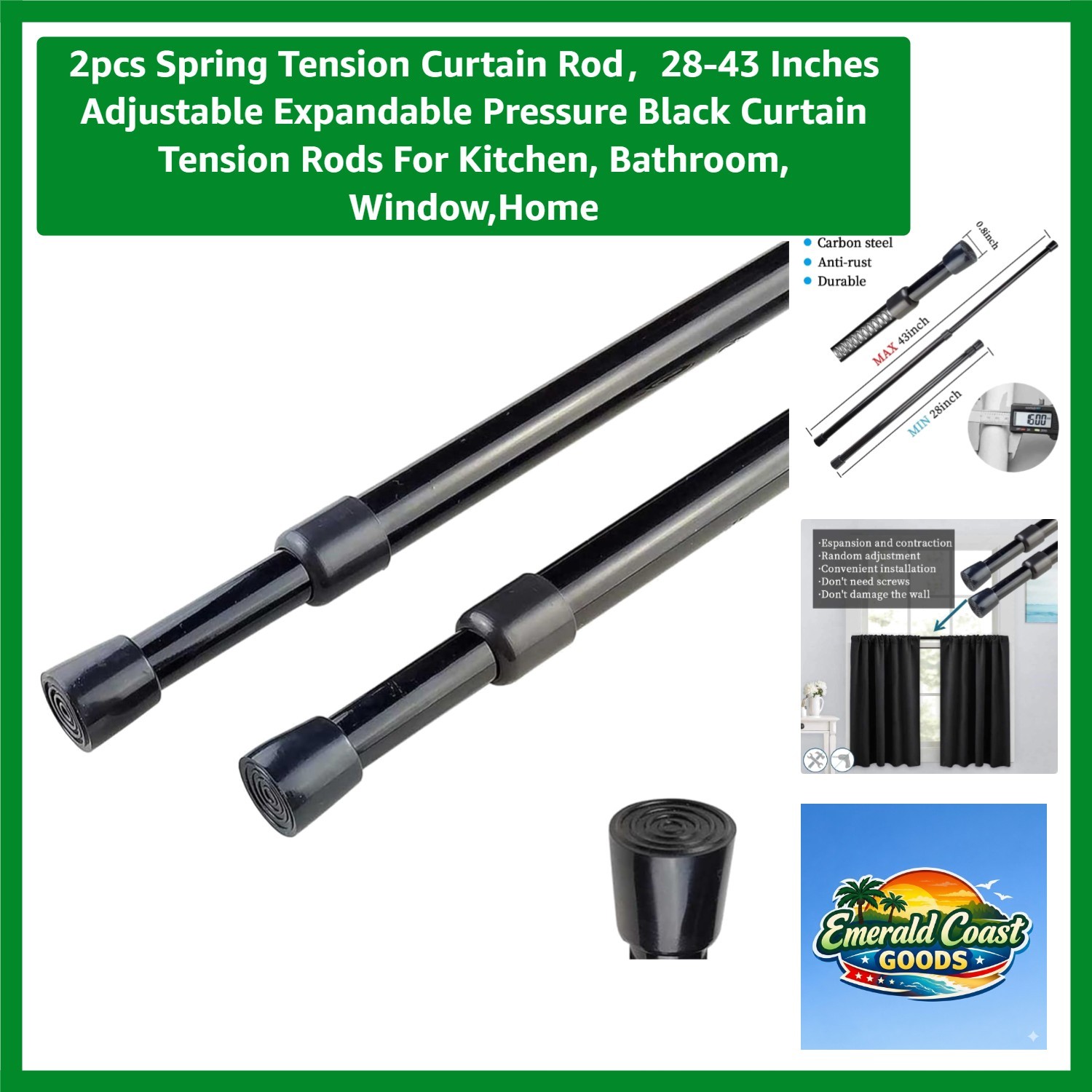 Black Adjustable Curtain Tension Rods 28-43in – Easy No-Drill Install