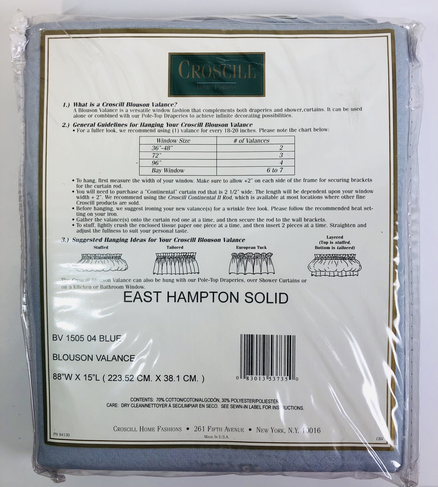CROSCILL Blouson Valance 88”W X 15”L – BV 1505 04 Blue – EAST HAMPTON SOLID