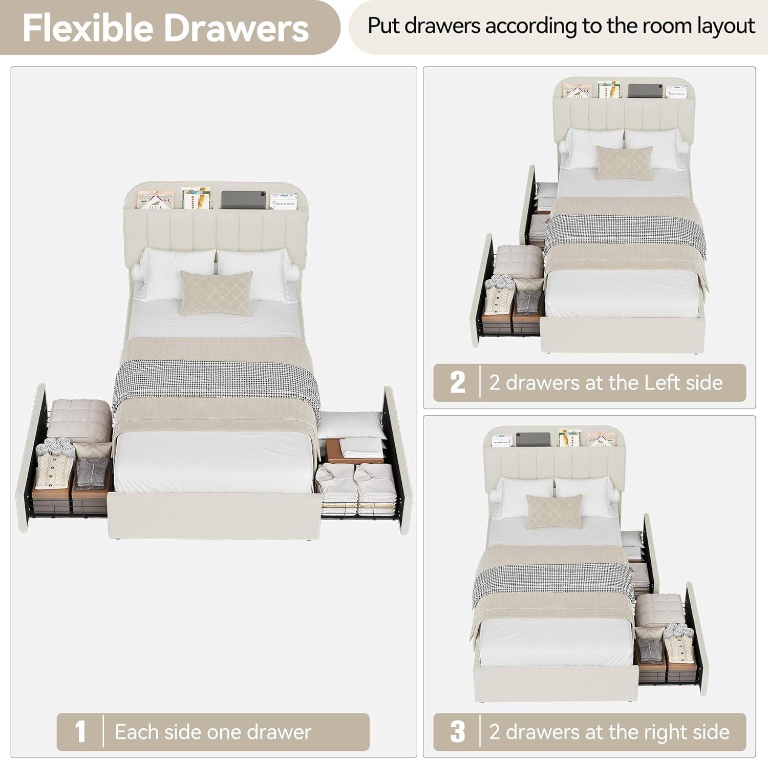 Ivory White Twin Bed Frame with Storage Headboard & Drawers, Easy Assembly