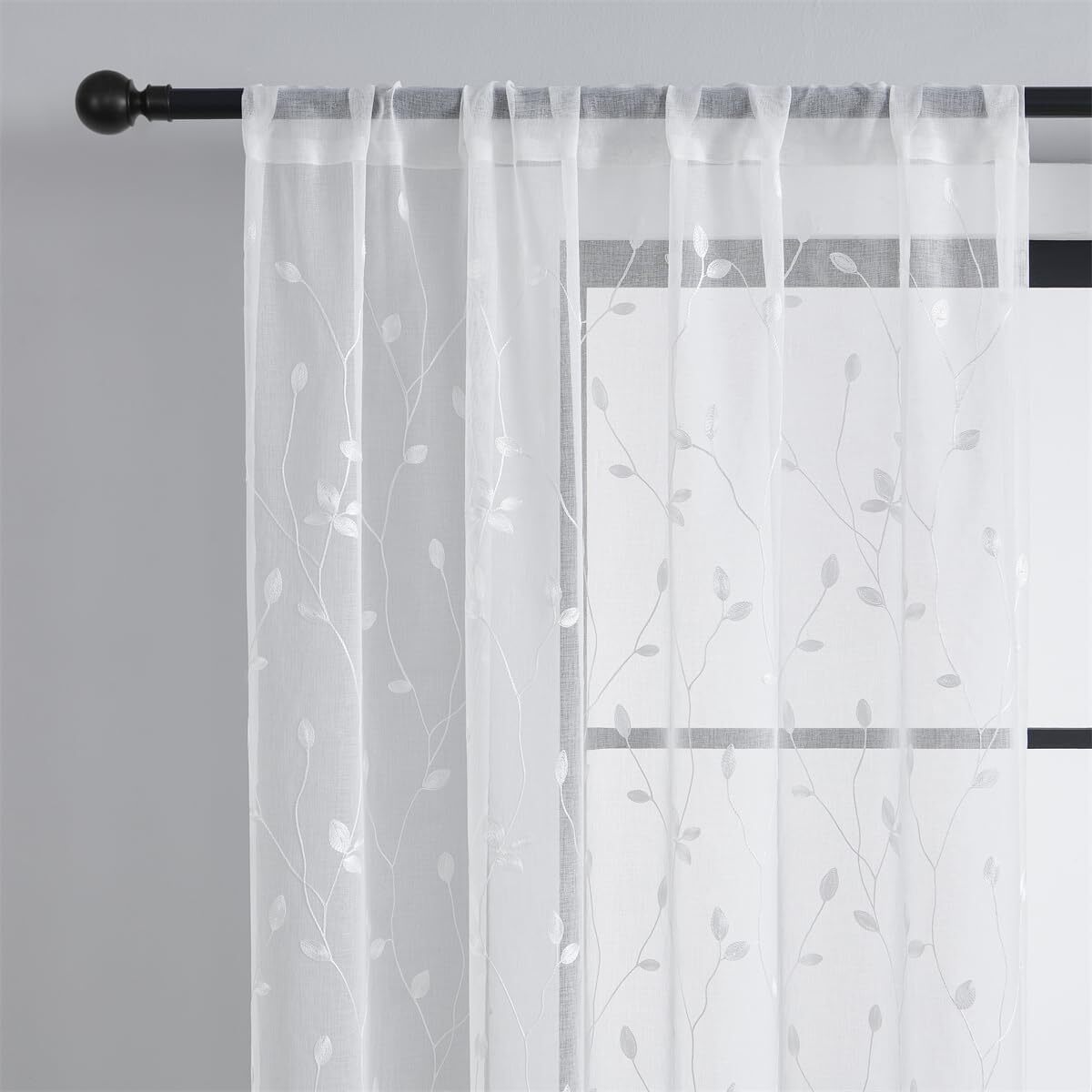 2 Panels Leaf Embroidered Sheer Curtains, Voile Rod Pocket Textured Drapes