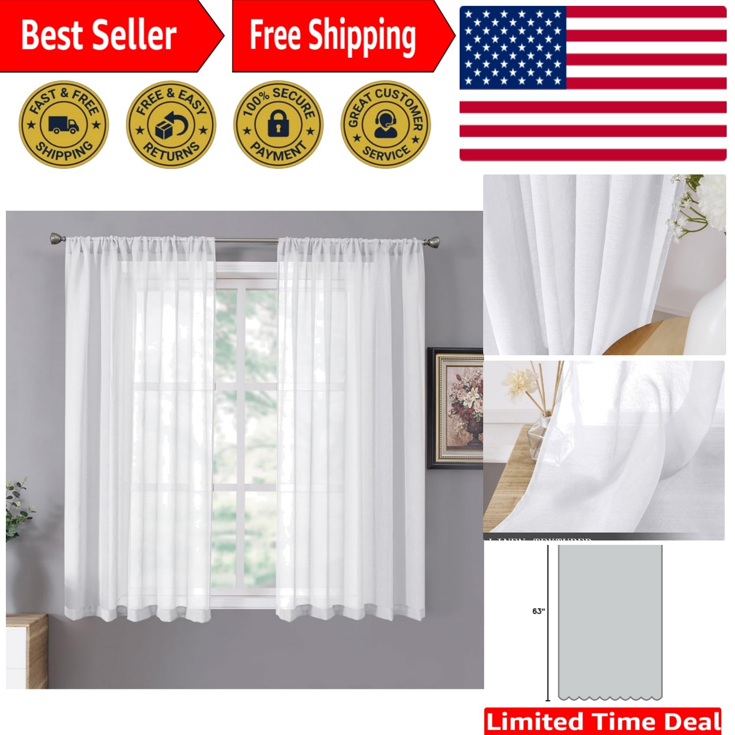 Contemporary Sheer Curtains Set of 2, Faux Linen 38×63 for Fresh Home Aesthetics