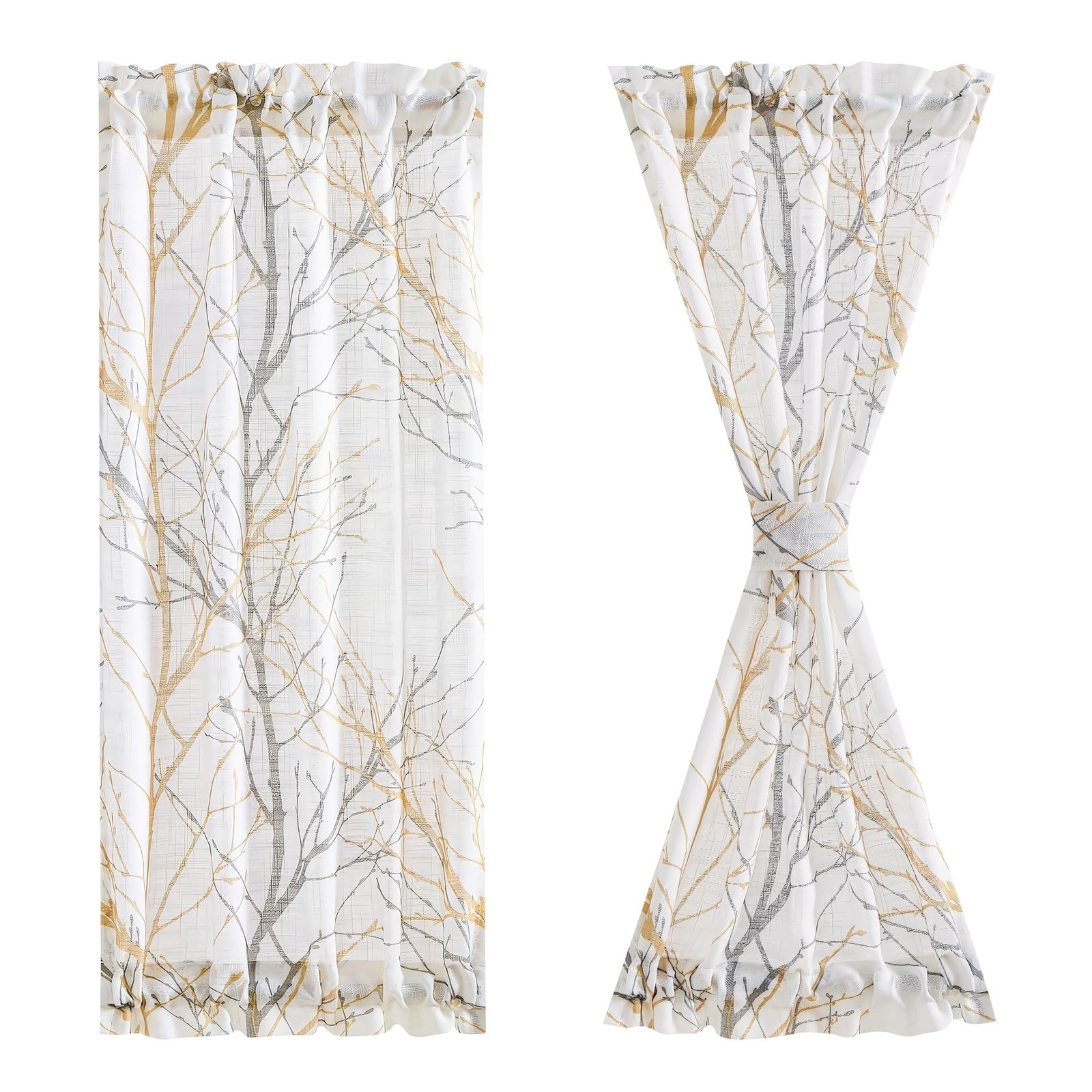 White Sheer Front Door Curtains for Glass 40 Inches Long Yellow Grey Print Br…