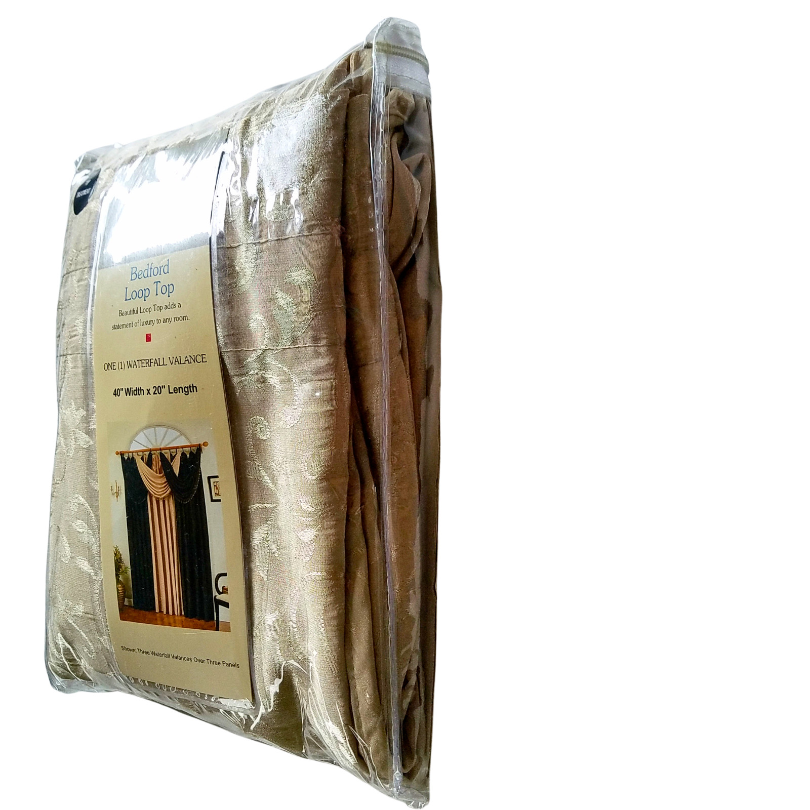 Bedford Loop Top Gold Beige Window Panel 54″ x 84″ & Waterfall Valance 40”x 20″