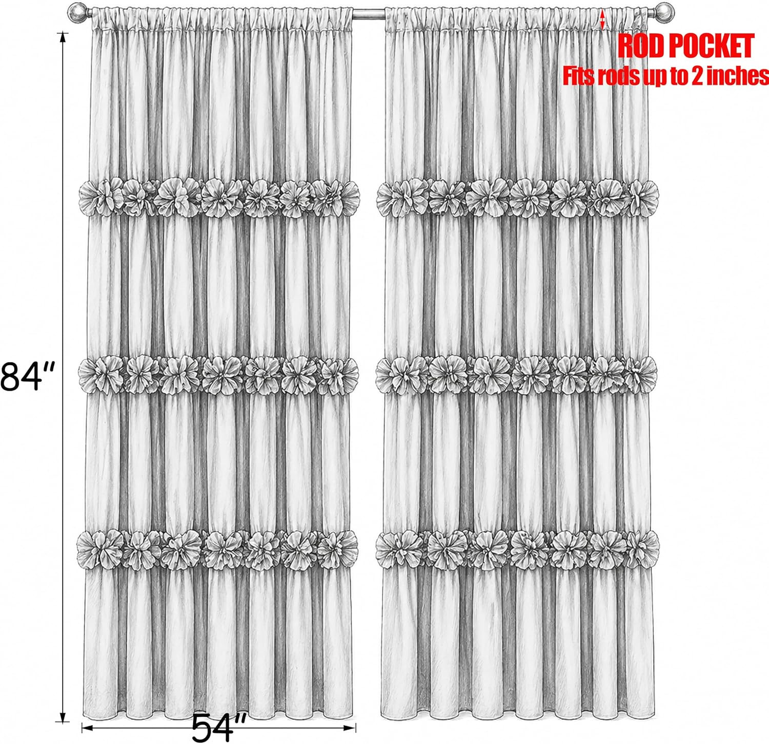 Blackout Curtains 84 Inch 2 Panels Boho Ruched Floral Rod Pocket Window Drapes
