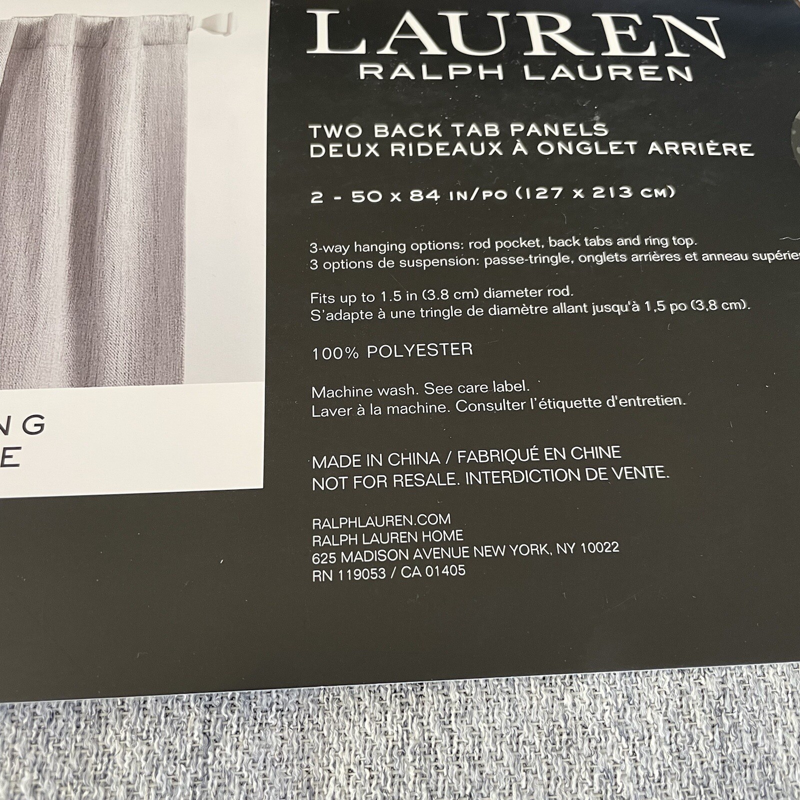 Ralph Lauren PATTERSON Silver 50×84 Room Darkening Window Curtains Back Tab