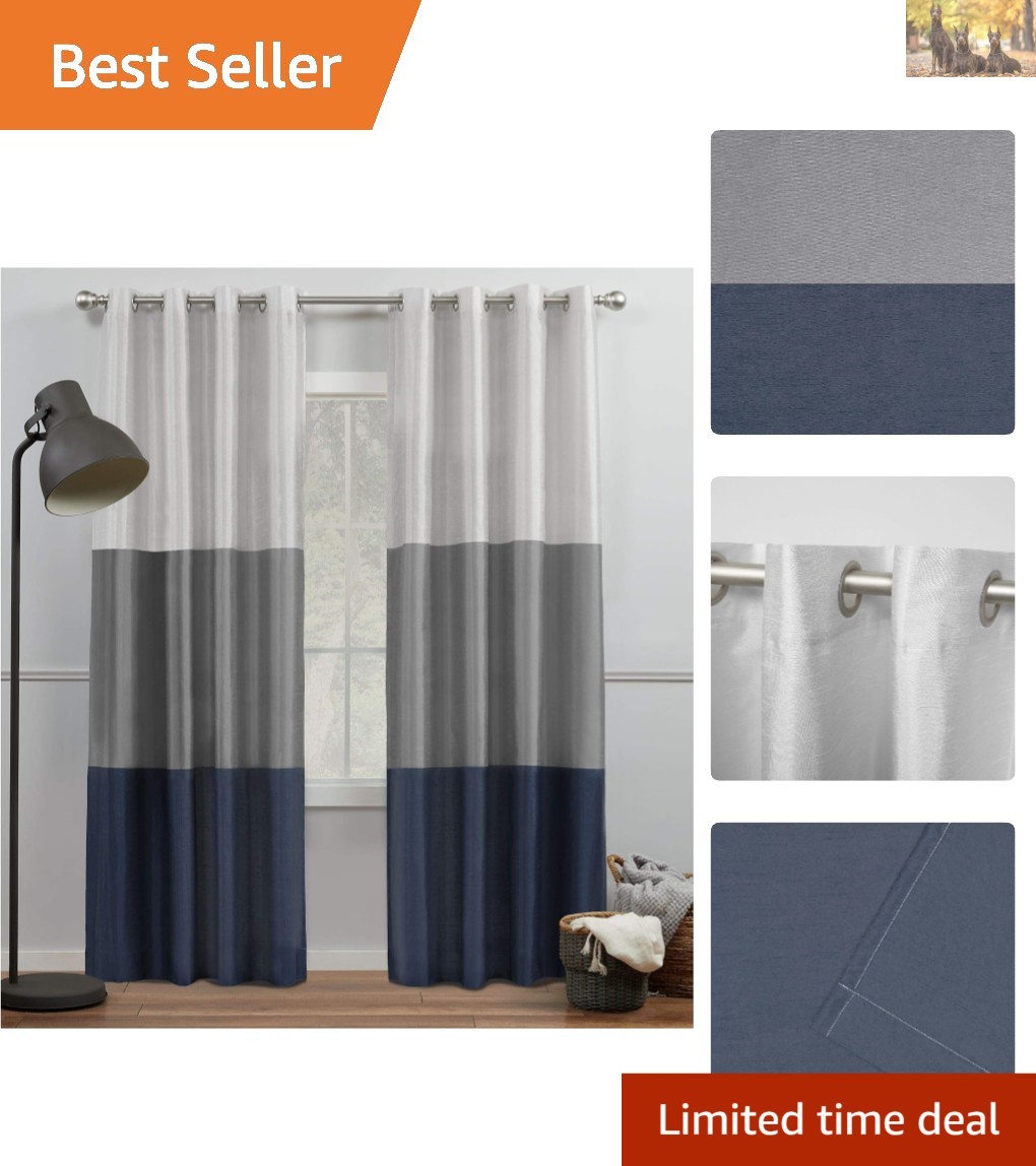 Chateau Faux Silk Grommet Curtains 54″x84″ Pair in Navy Grey – Elegant Stripes