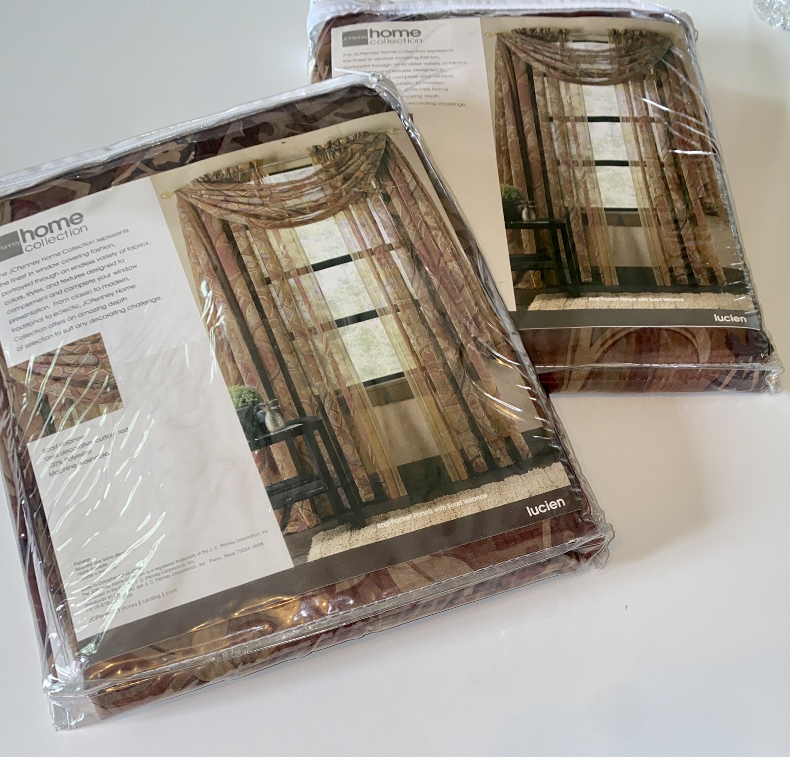 JC Penny Home Collection Set (2) Sheer Scarf Valance Lucien Print 58” X 216” NEW