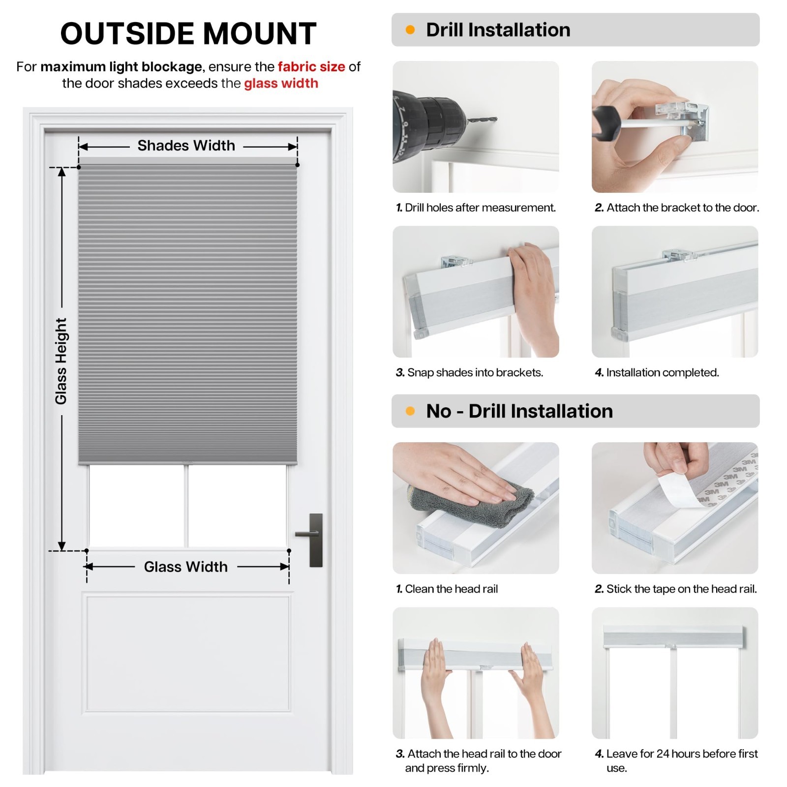 No Drill Cordless Cellular Shades for Doors, 12″ W x 40″ H, Black – Easy Install