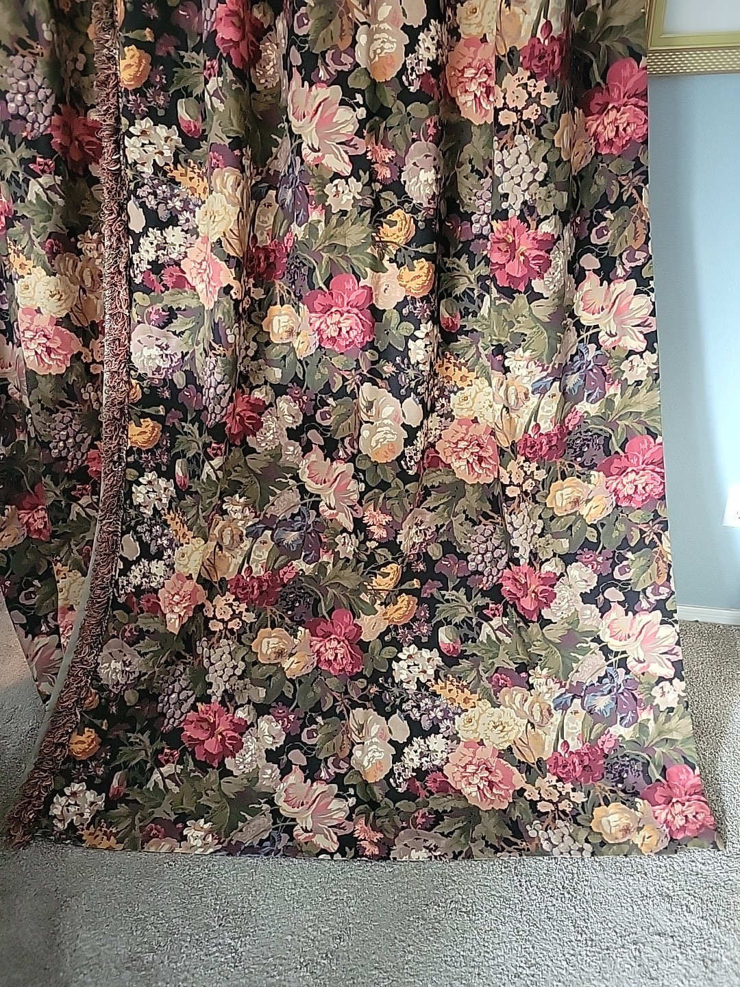 Custom Drapes Curtains Black Floral Lined Interlined Blackout Fringe 108×100