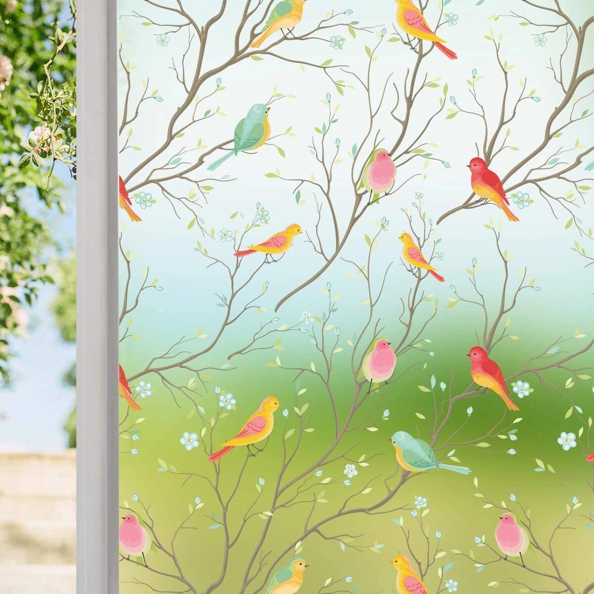 Bird&Tree No Glue Static Decorative Privacy Window Films for Glass 17.7″x78.7″