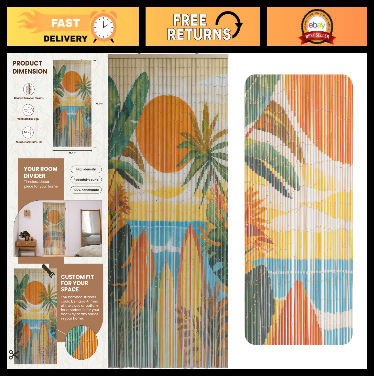 Beaded Bamboo Doorway Curtain – Summer Vibe, 35.4″ x 78.7″, Home Decor