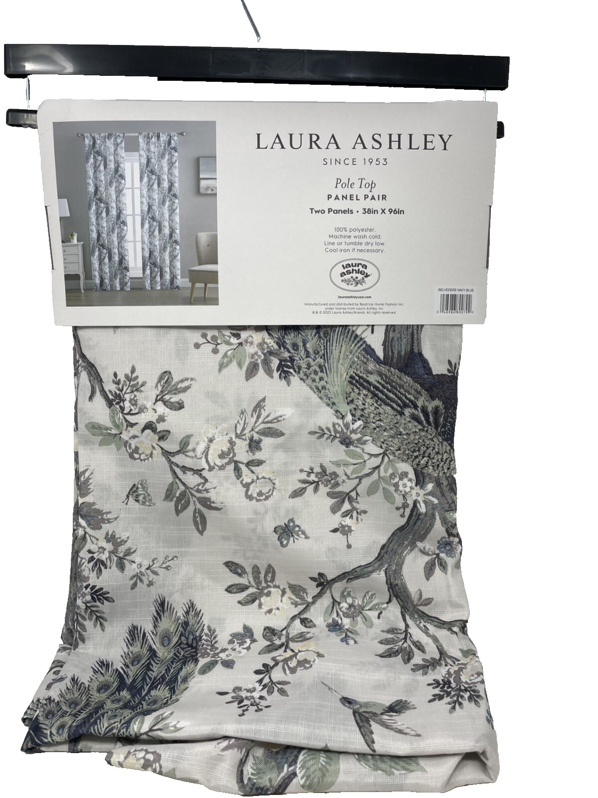 New Laura Ashley Belvedere Peacock Drapes Curtains 38 x 96 Set of 2 ~Navy~Blue~