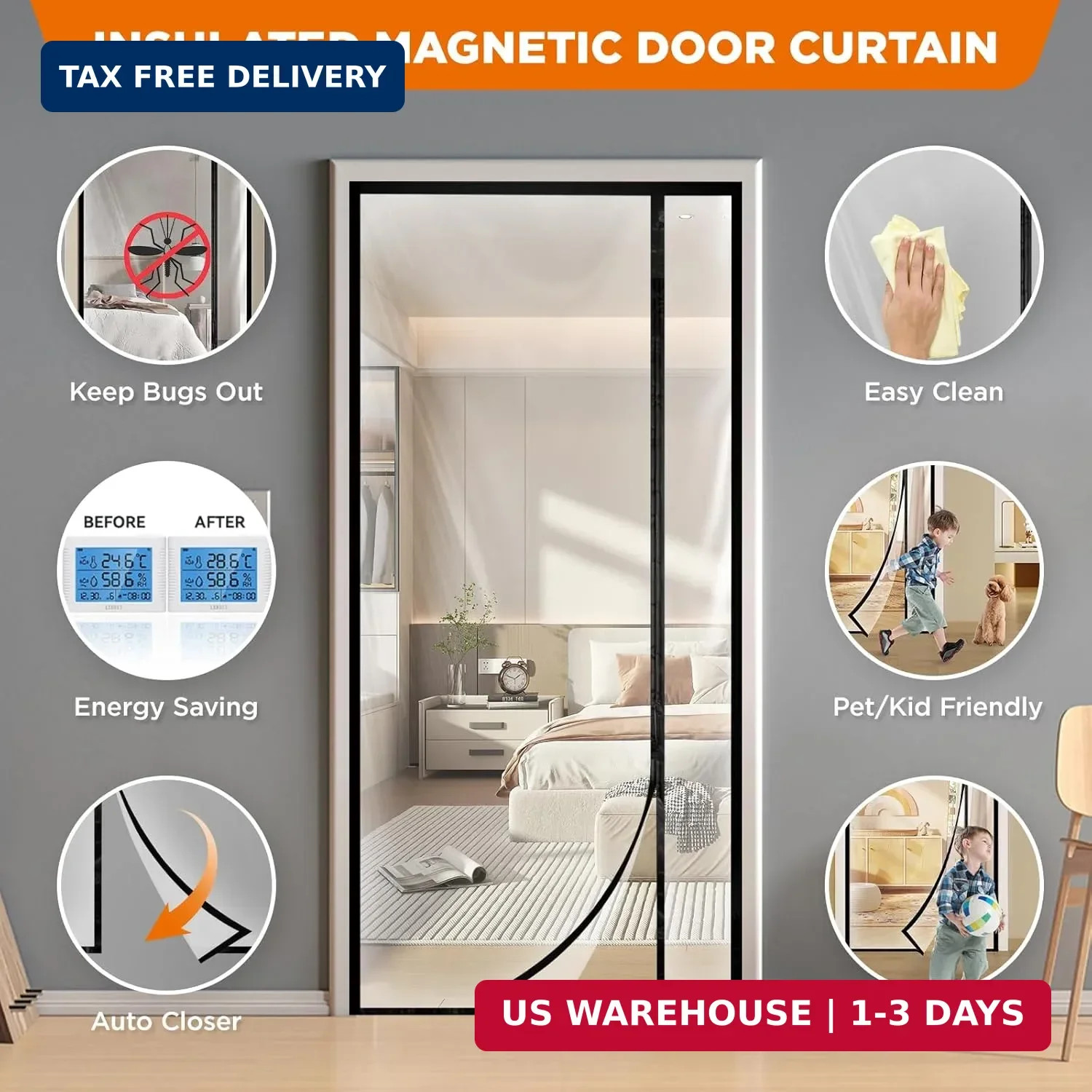 Transparent Thermal Insulated Door Curtain, Reversible Left or Right Side Openin