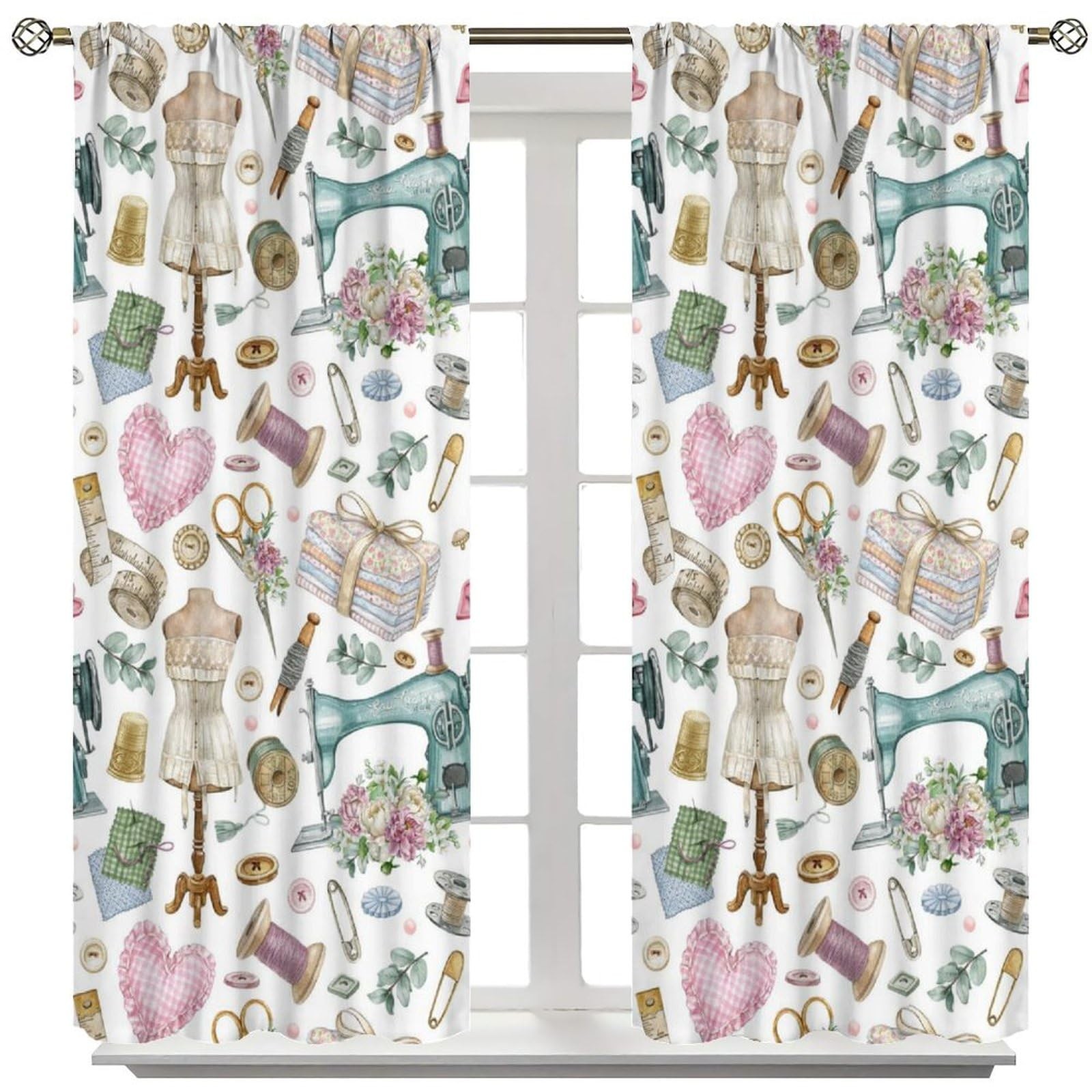 Sewing Theme Window Curtain,Vintage Sewing Machine Tool Pattern Print Curtain…