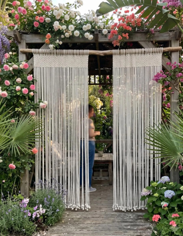 Outdoor Macrame Curtain Panel, Patio Privacy Curtain, Handmade Cotton Rope Room
