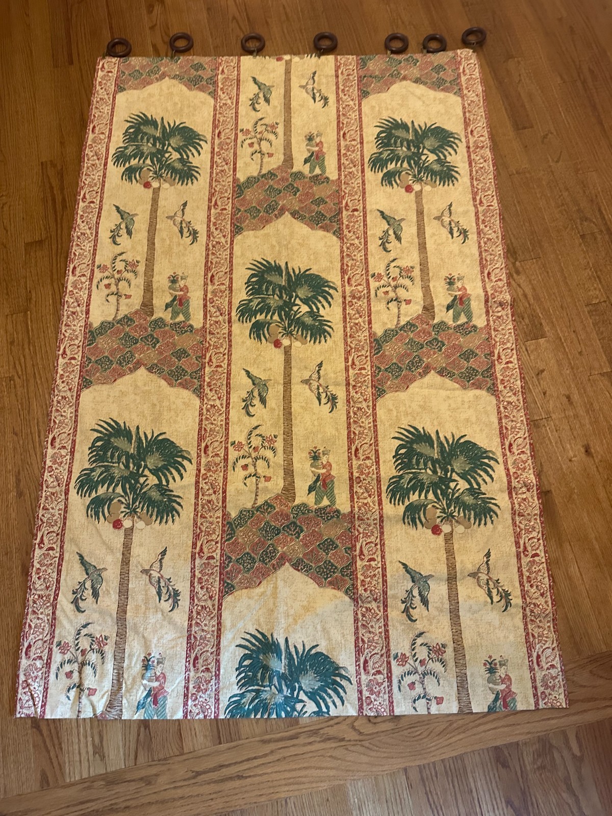 4 Panels (67″ long x 43″ wide) COMPLETE WITH rings, rods and fabric tie backs