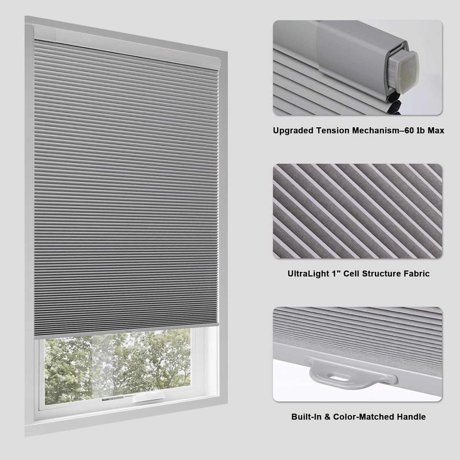 No Drill Cellular Shades for Indoor Windows, Thermal Insulating & Noise Reducing