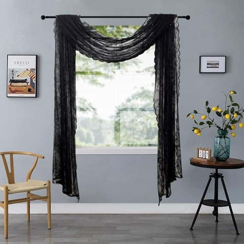 Romatic Lace Embroidery Window Scarf Sheer 57″W x 144″L (Pack of 1) Black