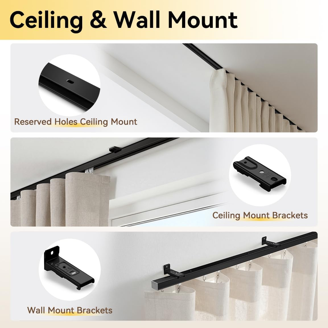 Ceiling Curtain Track Set for Room Divider, 12Ft-18Ft, Black with Roller Hooks