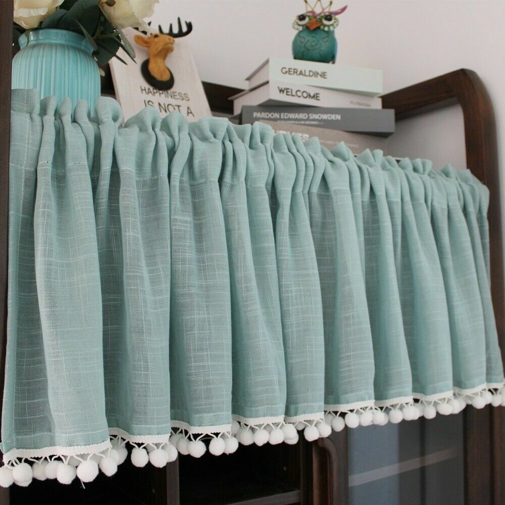 Ruffled Cafe Curtain Pompoms Balls Trim Home Kitchen Half Curtains Village Decor