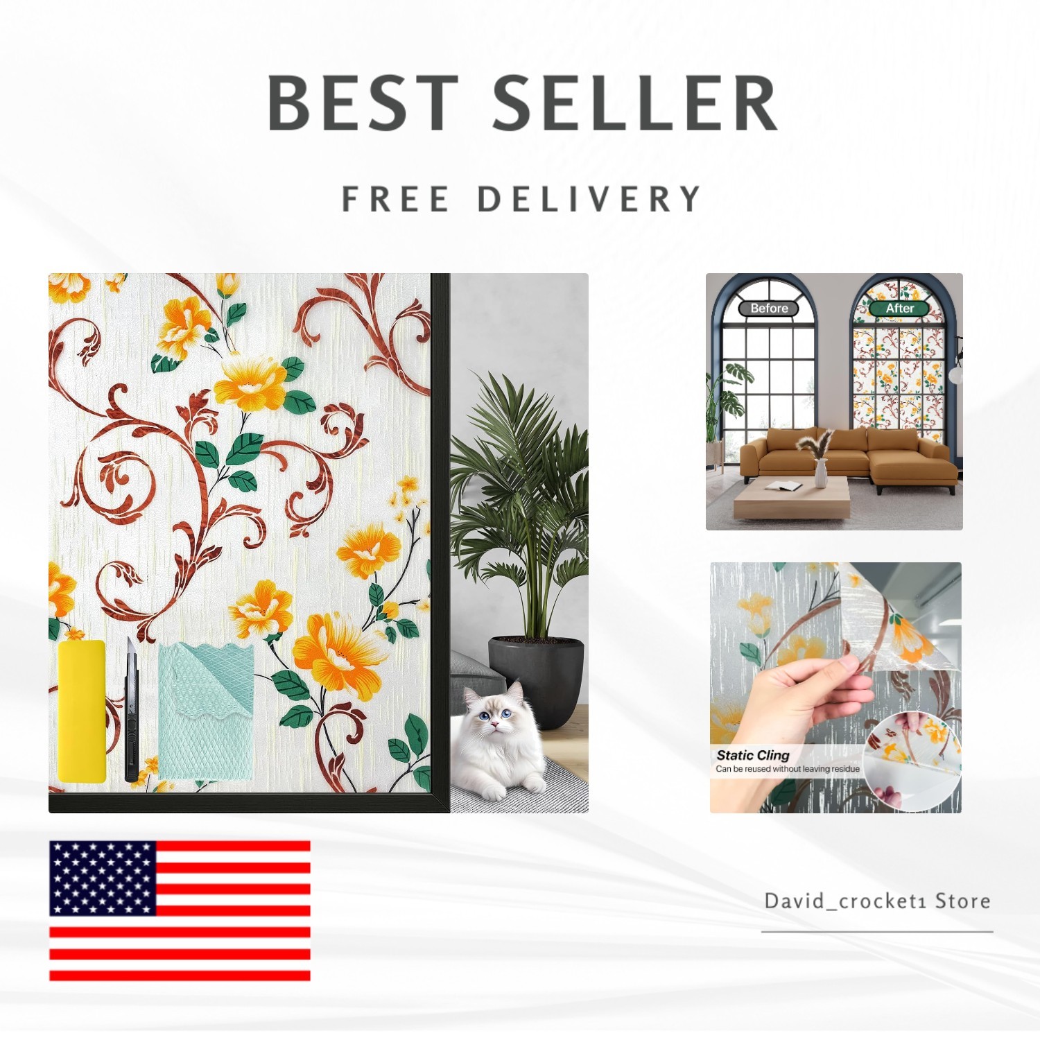 Flower Pure Stained Glass Window Film – Energy Efficient UV Defense, 17.5 x 78.7