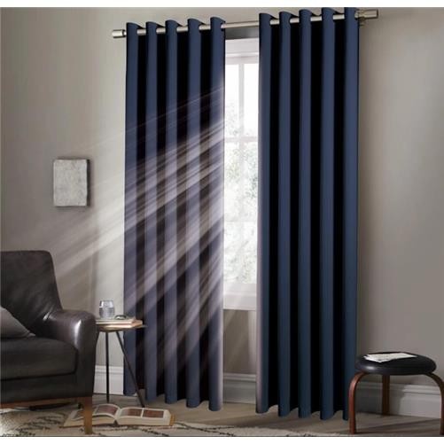 Navy Blue EYELET Ring Top Plain Thermal BLACKOUT LINED Curtains with Tie Backs