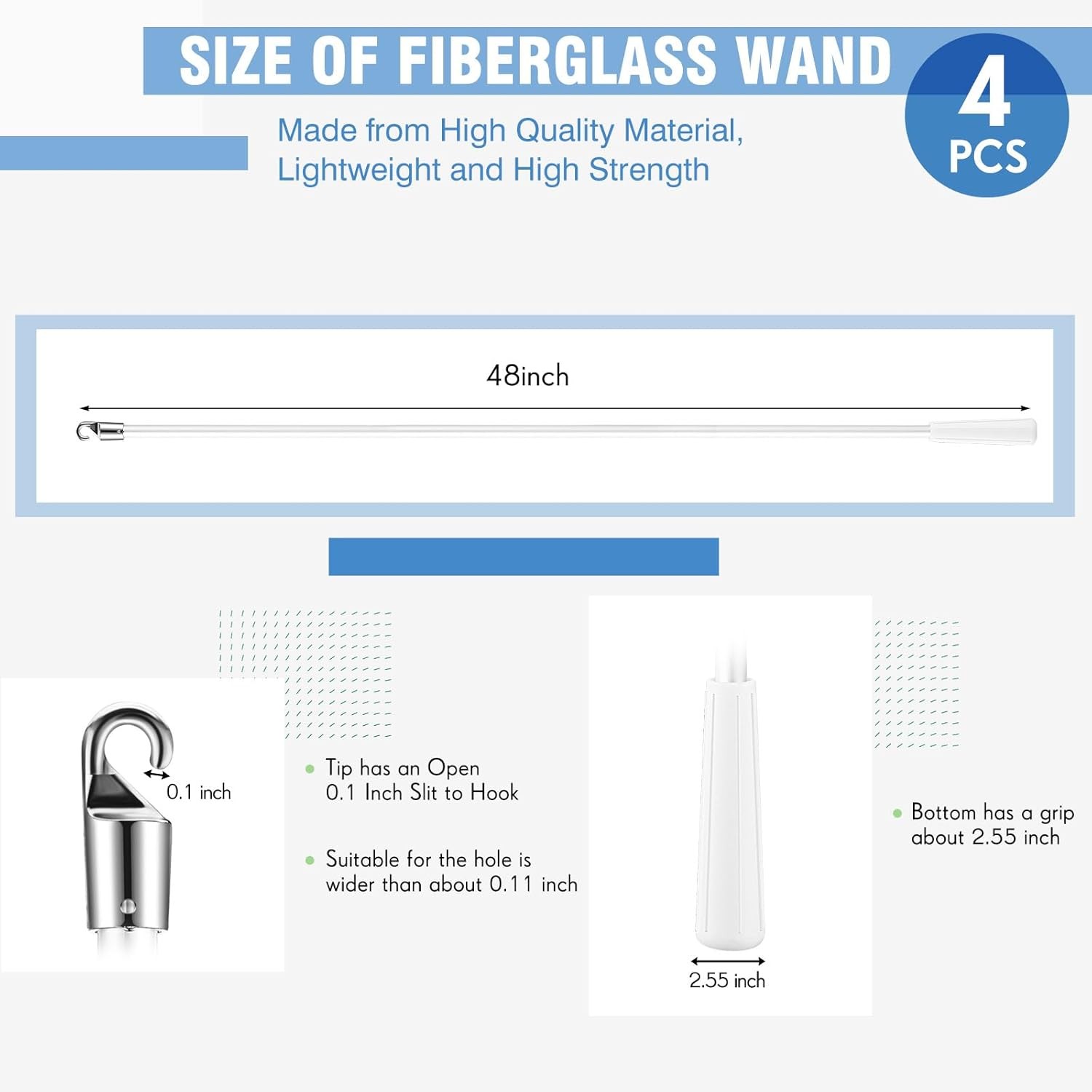 4 Pcs Blinds Wand Replacement with Hook and Handle White Fiberglass