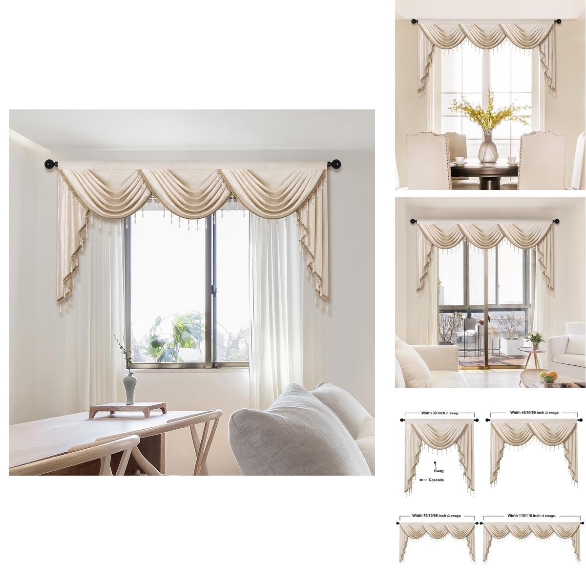 Elkca Luxury Cream Velvet Curtain Valances For Living Room Beads98Inch1 Panel